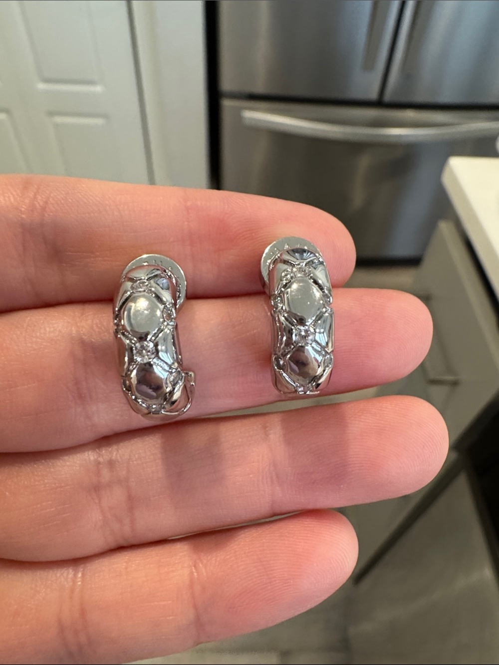 Silver Tone Quilted CZ Hoop Earrings Sparkling Statement Jewelry